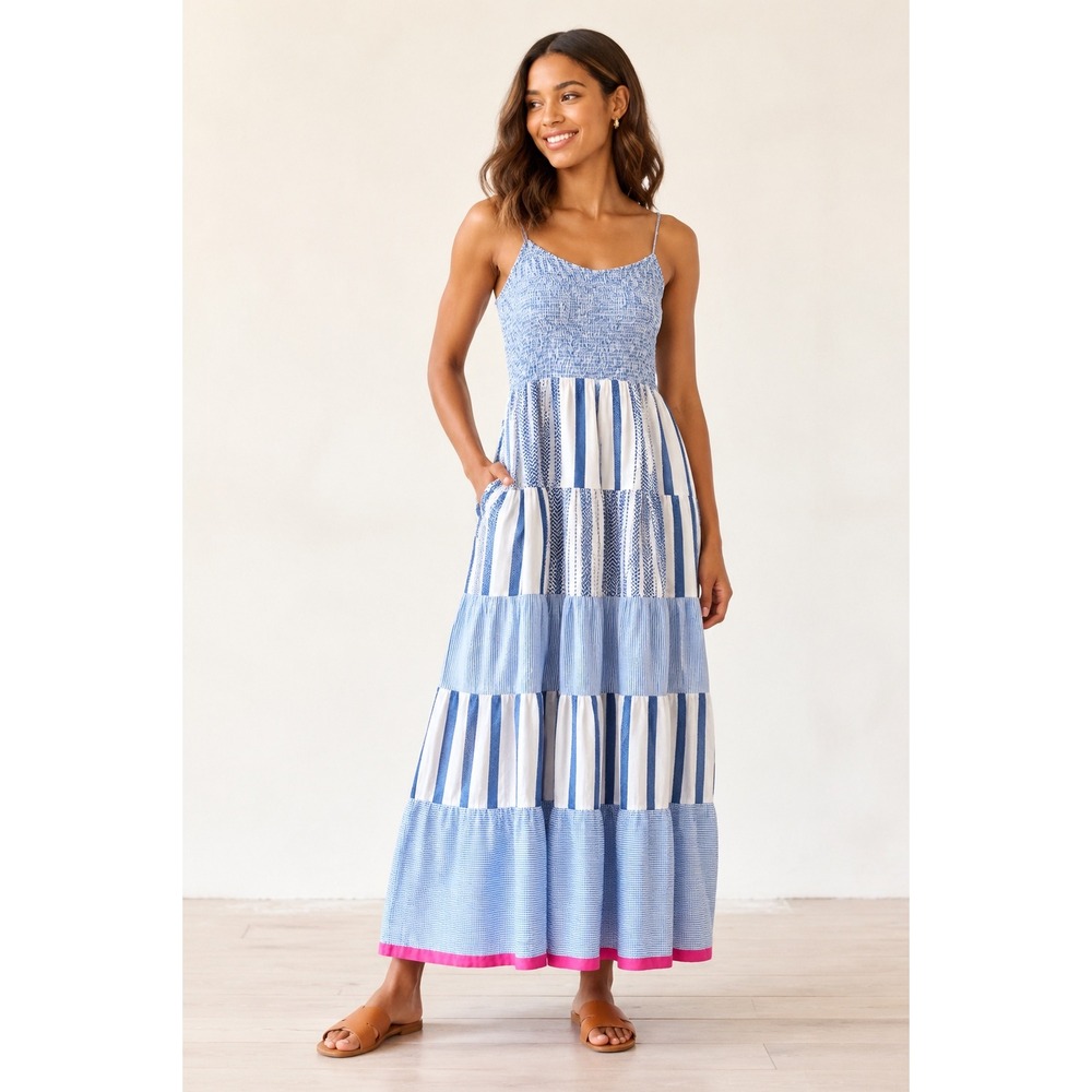 THML Blue White Striped Tiered Midi Dress L Boho Cottagecore Coastal